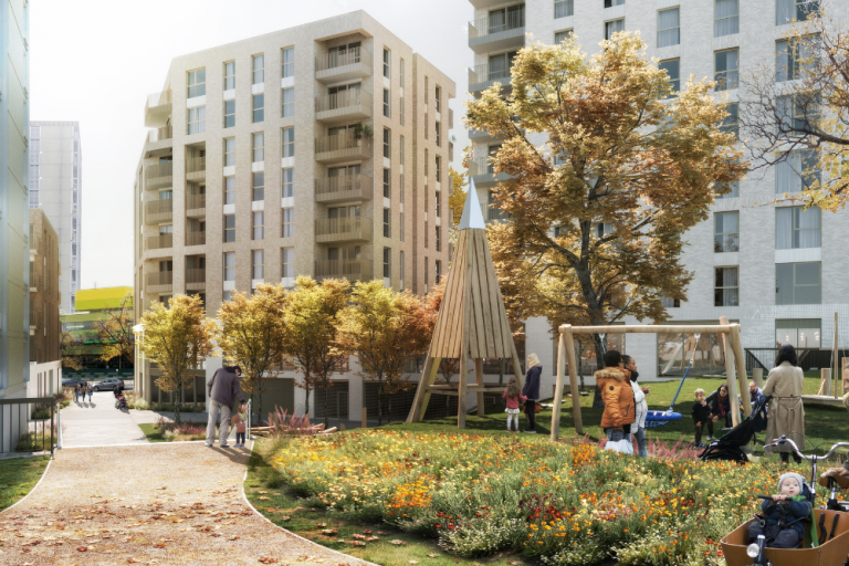 Artist's impression of 300 Harrow Road redevelopment from communal gardens.png