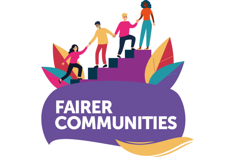 Purple logo for Fairer Communities with people climbing a staircase together