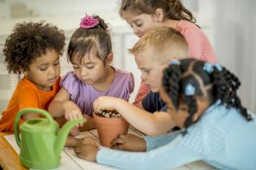Kids planting seeds in a plant pot