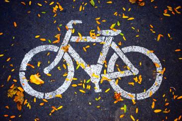 Orizontal signage depicting a bicycle covered in autumn leaves