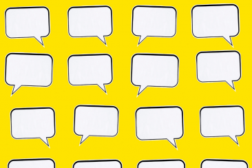 Colour graphic of white speech bubbles on yellow background
