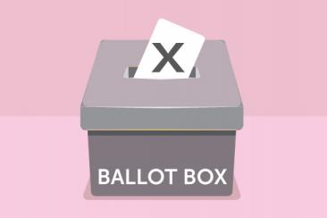 A graphic of a grey ballot box with a white ballot sticking out of the hole in the top, on a pink background