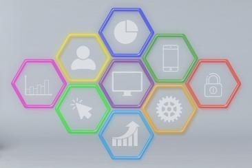 Colour graphic of hexagons filled with symbols like smartphone, padlock, cog, graph etc