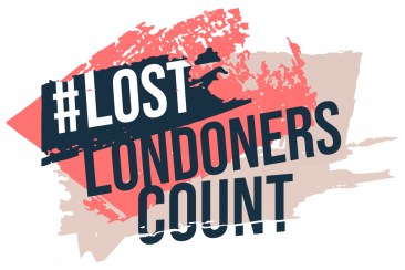 Text reading hashtag Lost Londoners Count on a orange paint brush stroke