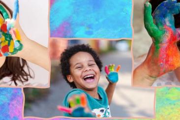 A montage of children with painted hands. 