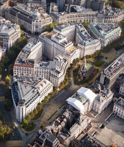 An aerial view of the reimagined Strand Aldwych with pedestrianised zones