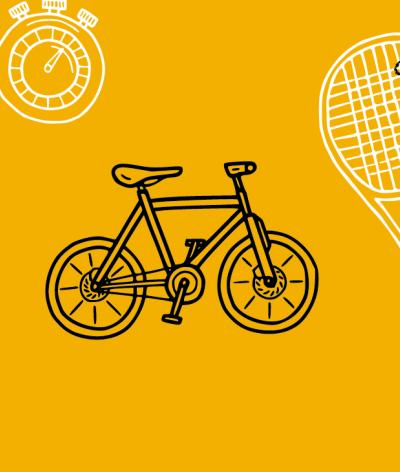 Graphic image of a ball, chronometer, bicycle and squash rackets on yellow background