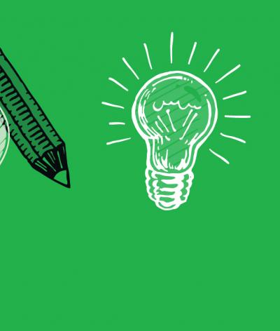 Graphic image of a light bulb and painting equipment on green background
