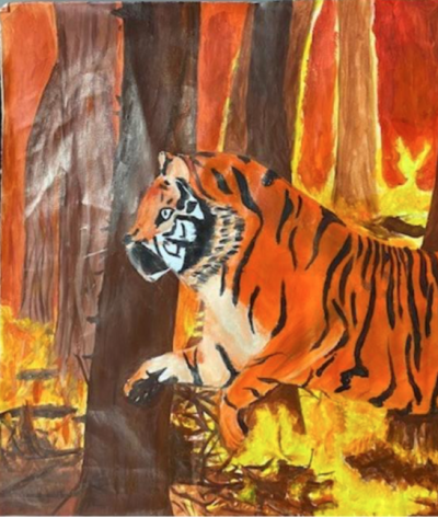 artwork depicting a tiger running through fire and trees  