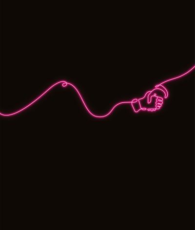 A black background with one hand lifting another hand up, the hands are illustrated in a pink neon line drawing