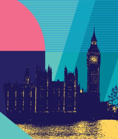 colourful green pink and blue graphics with a handrawn houses of parliament and westminster bridge
