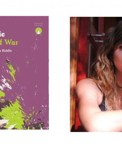 Colour photo of author Andrea Jeftanovic  and colour images of her book 'Theatre of War'k