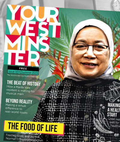 Front cover of YourWestminster issue 4 on top of a montage of images from the magazine. These include cover star Normah in her restaurant, Cyril Khamai playing his steel pans and a family experiencing virtual reality