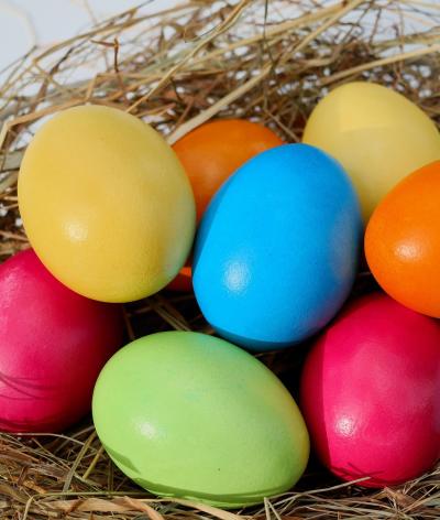Colour photo of brightly painted eggs in a nest