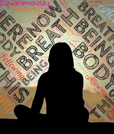 Silhouette of a person surrounded by words such as relax, breath, body etc