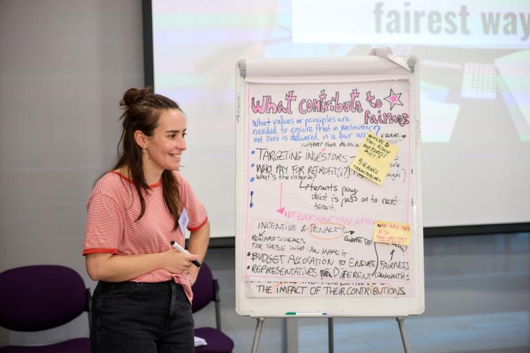 A speaker at the climate assembly giving a talk in front of a whiteboard that has points about fairness and equality