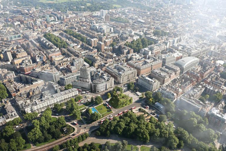 Aerial shot of the proposed changes to the Marble Arch end of Oxford Street