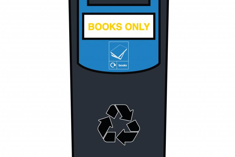A black bin, labelled 'books only'