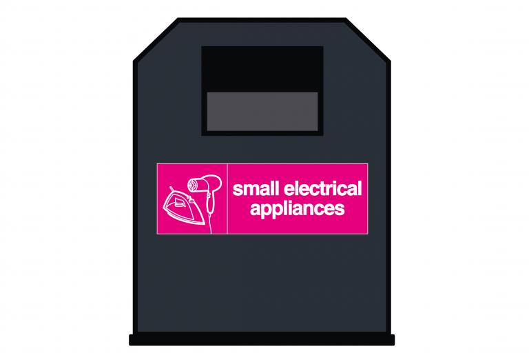 A black bin labelled 'small electrical appliances'