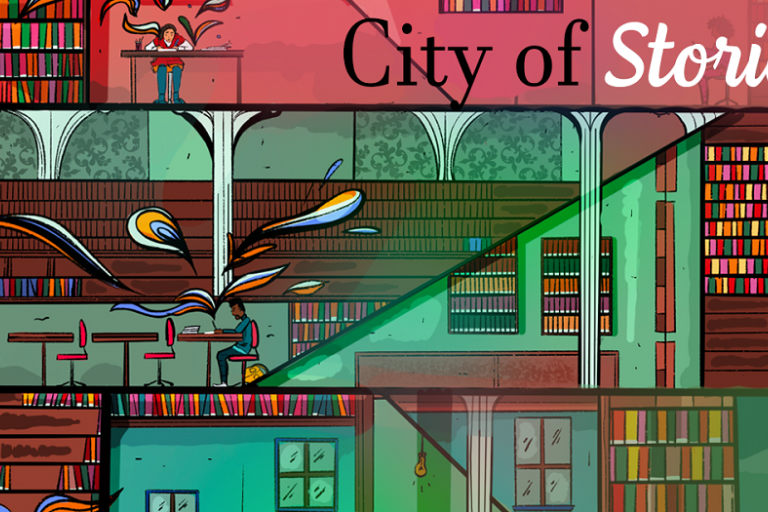 Colour graphic of a library with people writing at desks with text: City of Stories