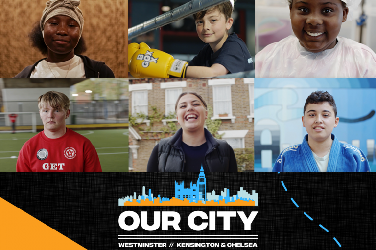 Collage picture of children with Our City logo