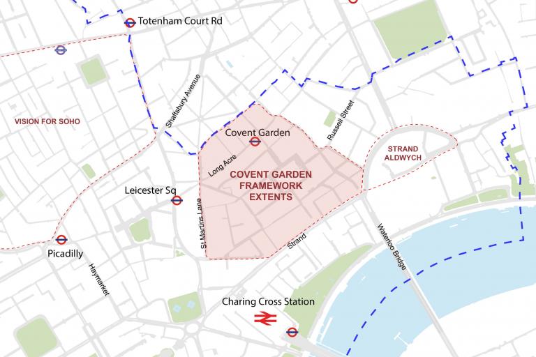 A map of the West End with the Covent Garden area highlighted in red