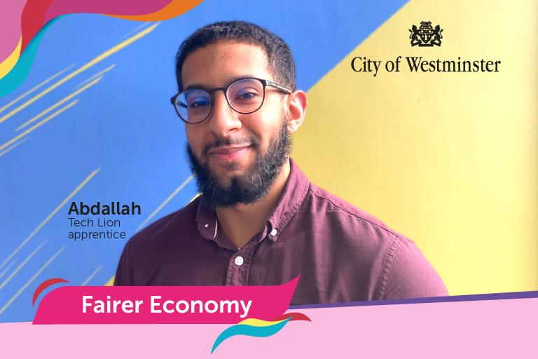 Photo of Abdallah in front of a blue and yellow background, framed by Fairer Westminster logos and colours