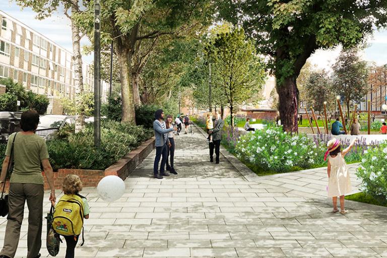 A CGI impression of what the green spine will look like, a paved boulevard with trees and plants on either side.