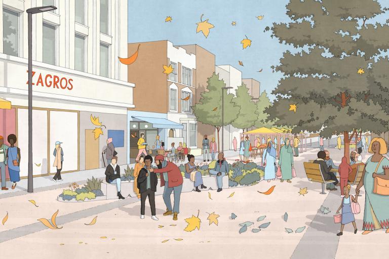 Harrow Road Maida Hill cartoon image of the shops with people walking down the street