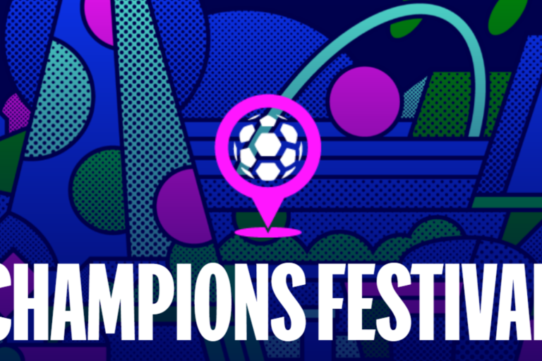 Image of a pink trophy illustration against a blue background, with the words champions festival