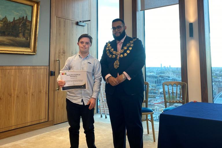 Graduate, Sam Cook pictured with Lord Mayor of Westminster 
