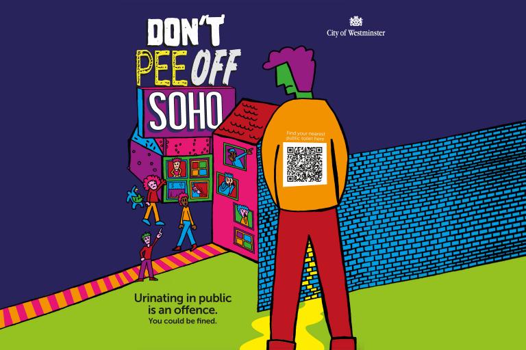 Soho Urination campaign poster with the slogan 'don't pee off Soho'