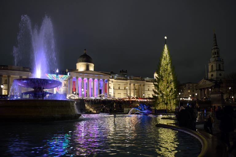A landscape with the Trafalgar Square Christmas tree and National Gallery in the background