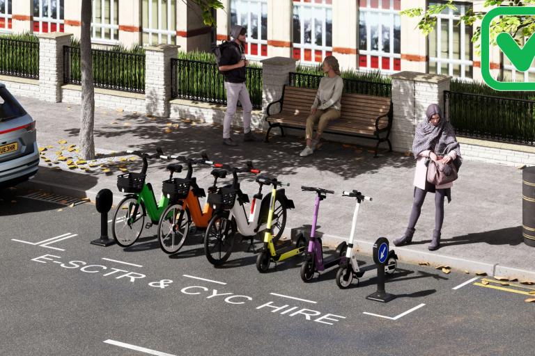 An CGI example of a dockless bike parking bay showing rental e-scooters and e-bikes parking in the lines of the bay