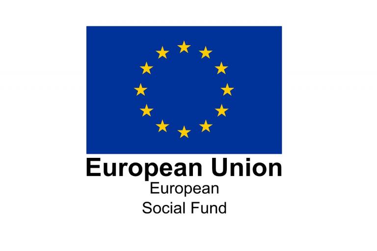 The flag of the EU, blue background and yellow stars in a circle with the words 'European Union, European Social Fund' underneath