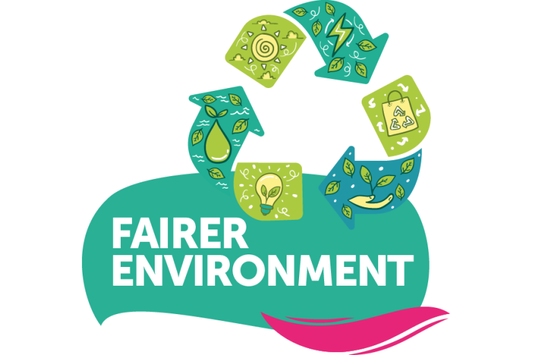 Green illustration showing a recycling logo and the words Fairer Environment
