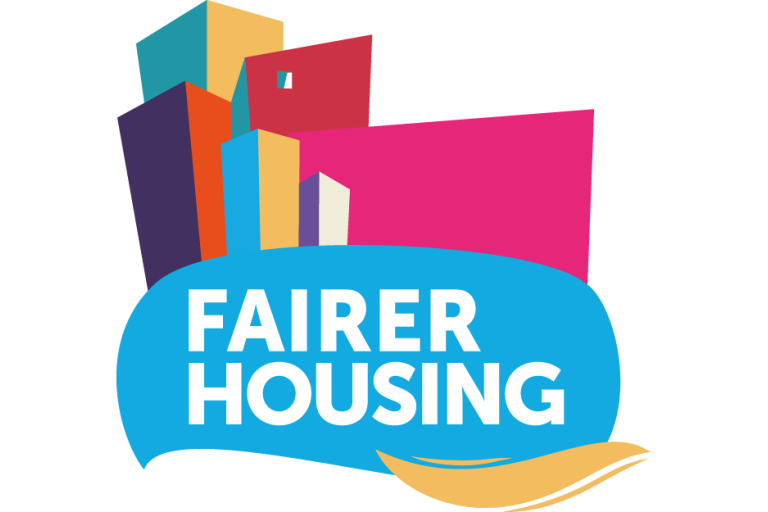 The words Fairer Housing overlaid onto an illustration of different housing units