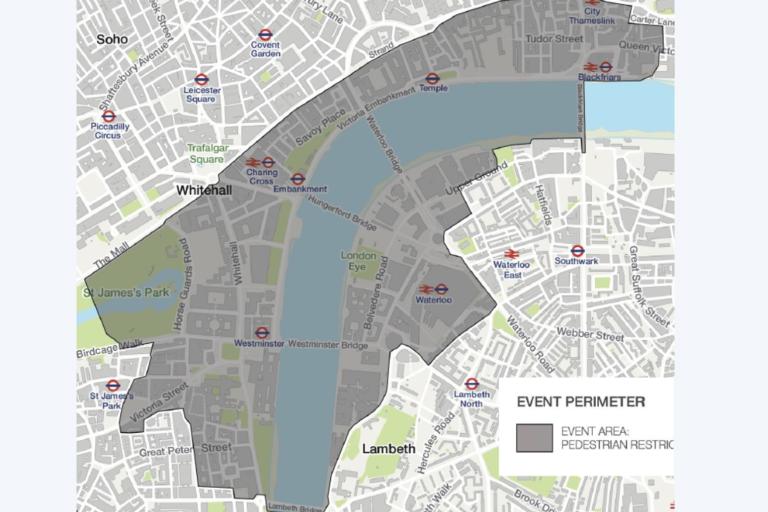 A map of the restricted area to pedestrians for the 2023 new year's eve fireworks celebrations