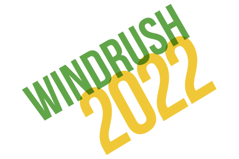 Windrush 2022 in green and yellow text 