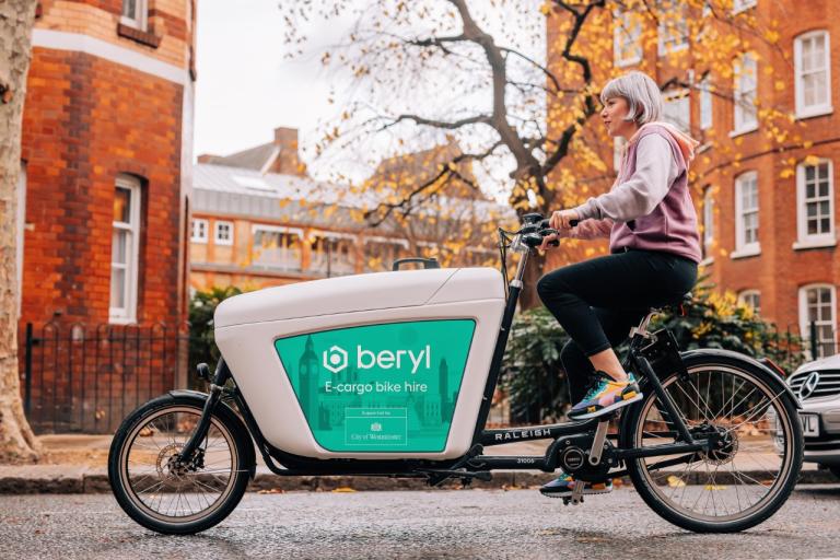 Image of a Beryl Bike being driven through autumn leave 
