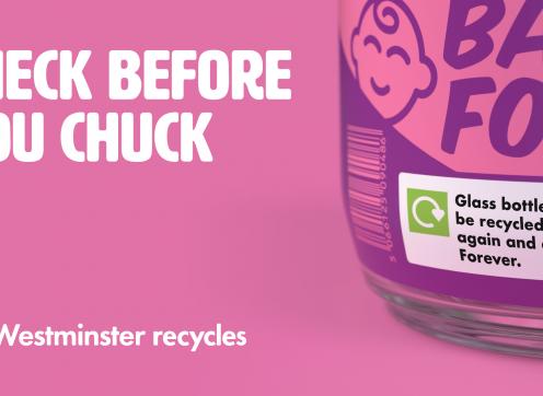 A pink jar of baby food with the green recycle arrow, and words that read 'Check before you chuck'