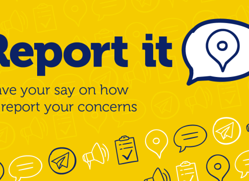 Yellow background graphic that says 'Report it, have your say on how to report your concerns'