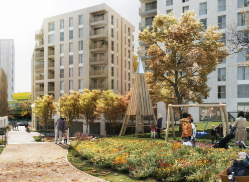 Artist's impression of 300 Harrow Road redevelopment from communal gardens.png