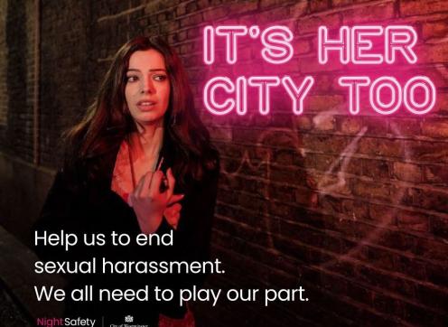 A headline saying, It's Her City Too. The subheading asks to help end sexual harassment. 