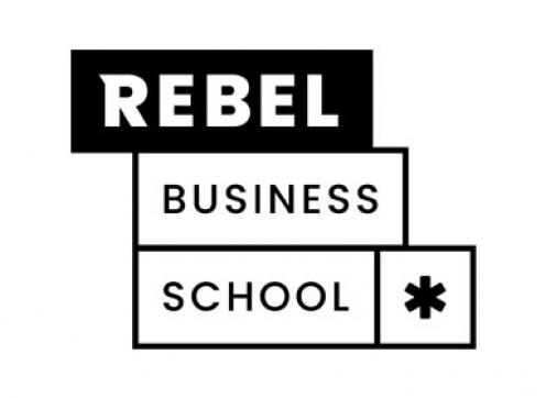 A black and white text logo for the 'Rebel Business School'