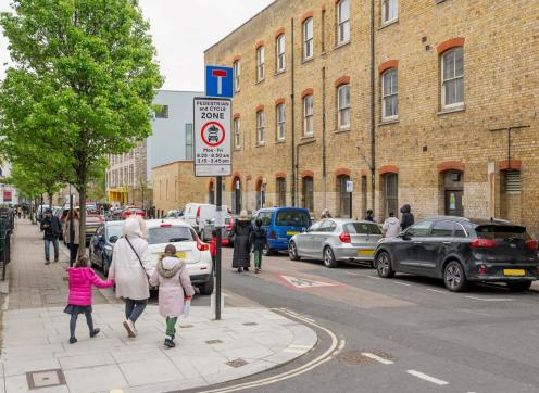 A school street in Westminster with parents dropping their children off on foot.