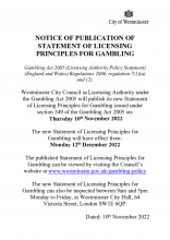 Notice of Publication of the New Statement of Principles for Gambling