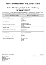 Notice of Election Agents for the GLA West Central Constituency