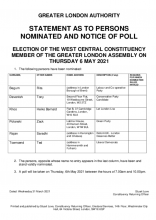 Statement of persons nominated - West Central GLA constituency 