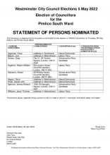 Pimlico South Ward, Statement of Persons Nominated